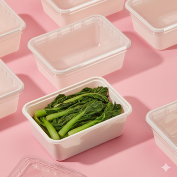 Vaschetta per alimenti bianca con erba cotta dentro tra altre vuote